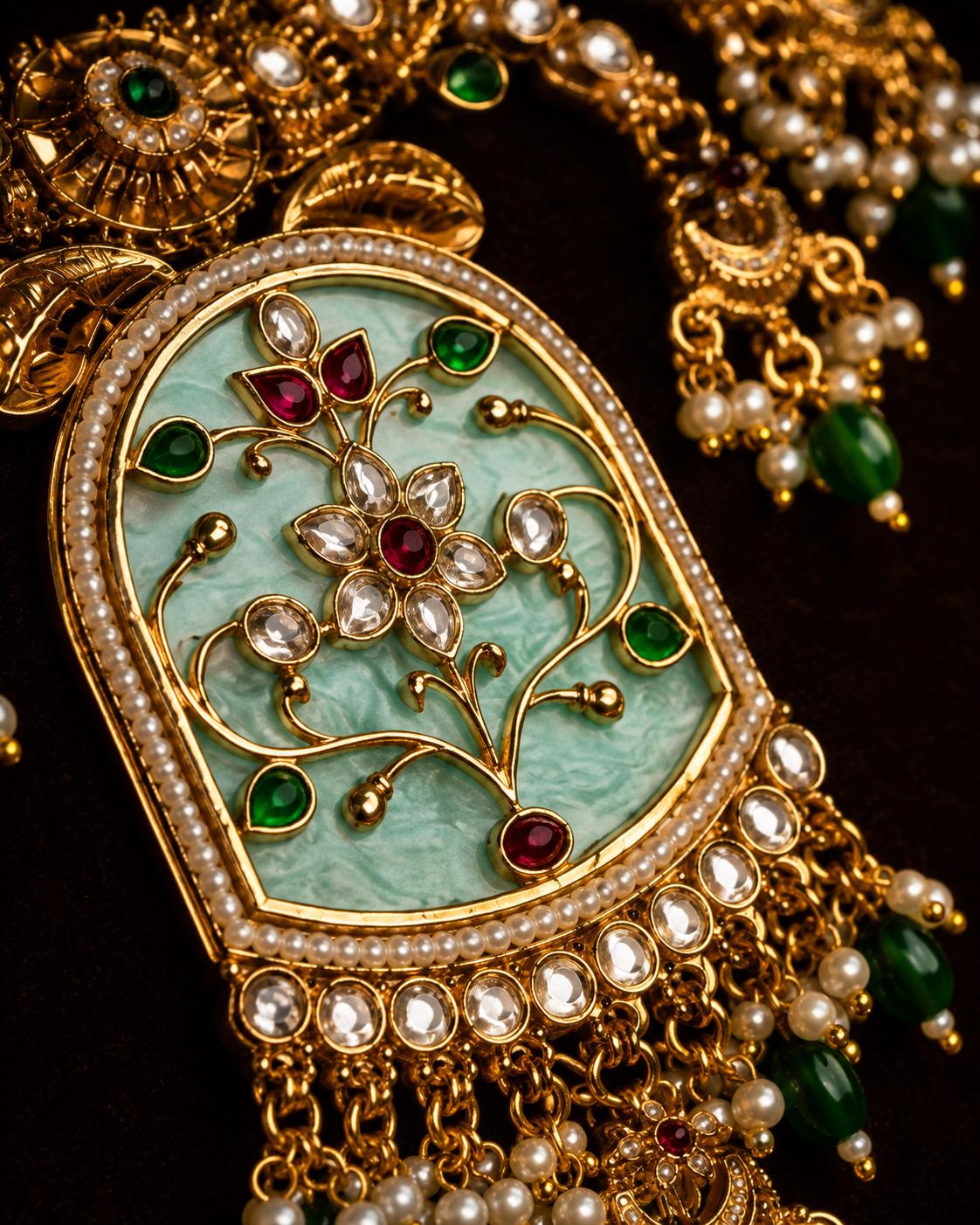 Mint Green Kundan Necklace Set, Gold Tone Indian Bridal Choker, Pearl Drop Statement Jewelry