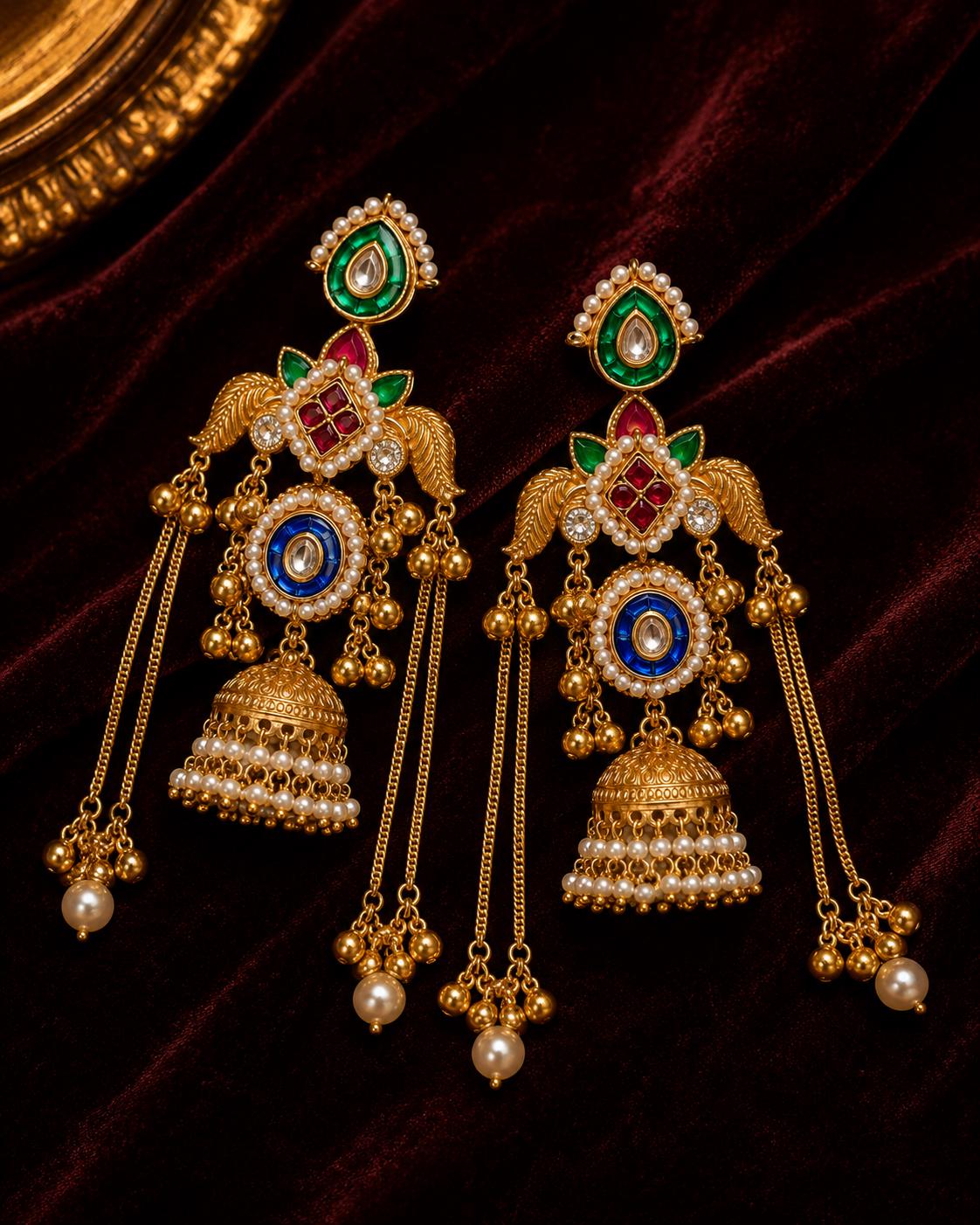 Indian Jhumka Earrings with Long Chain Tassels, Multicolor Kundan Style Statement Earrings