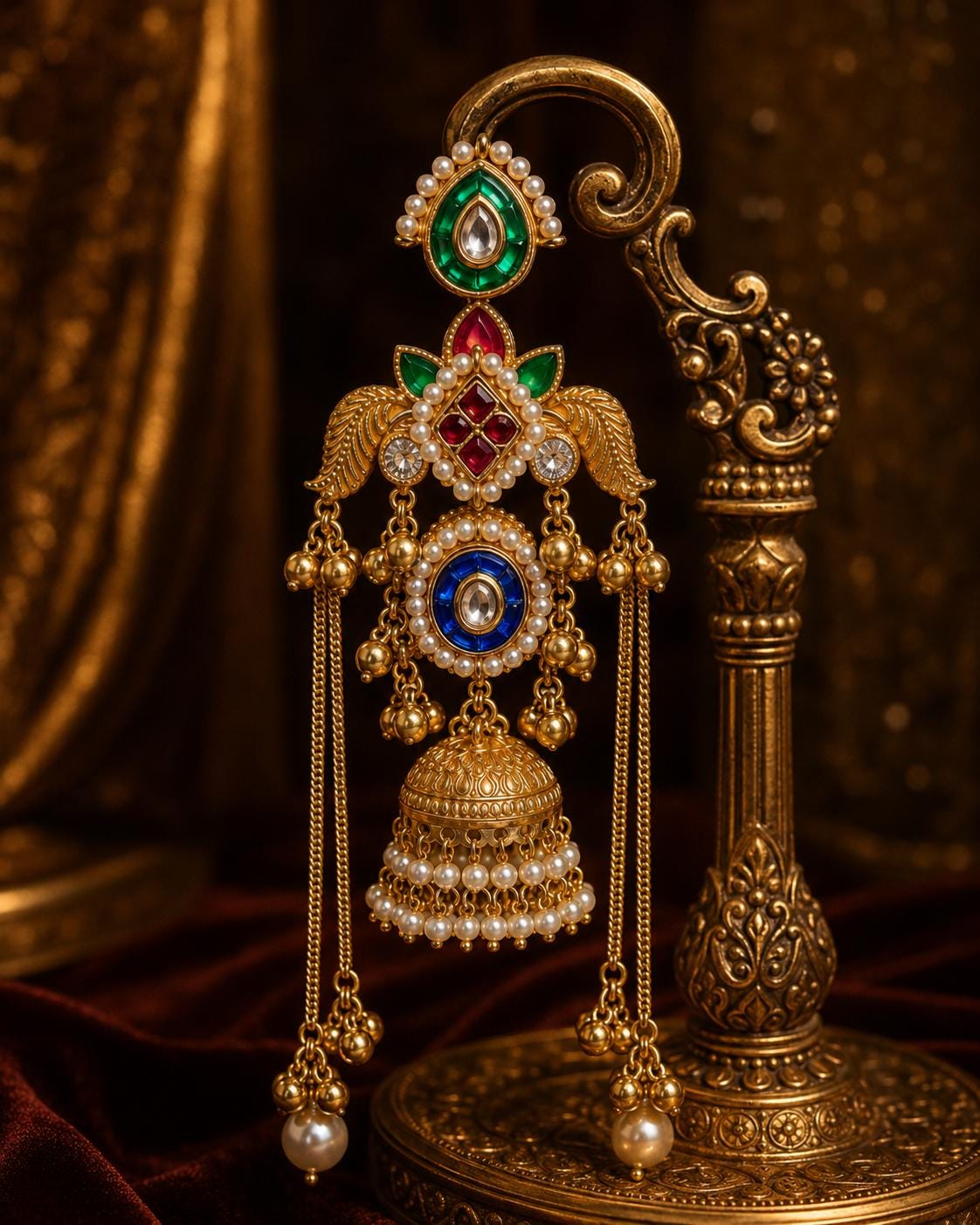 Indian Jhumka Earrings with Long Chain Tassels, Multicolor Kundan Style Statement Earrings