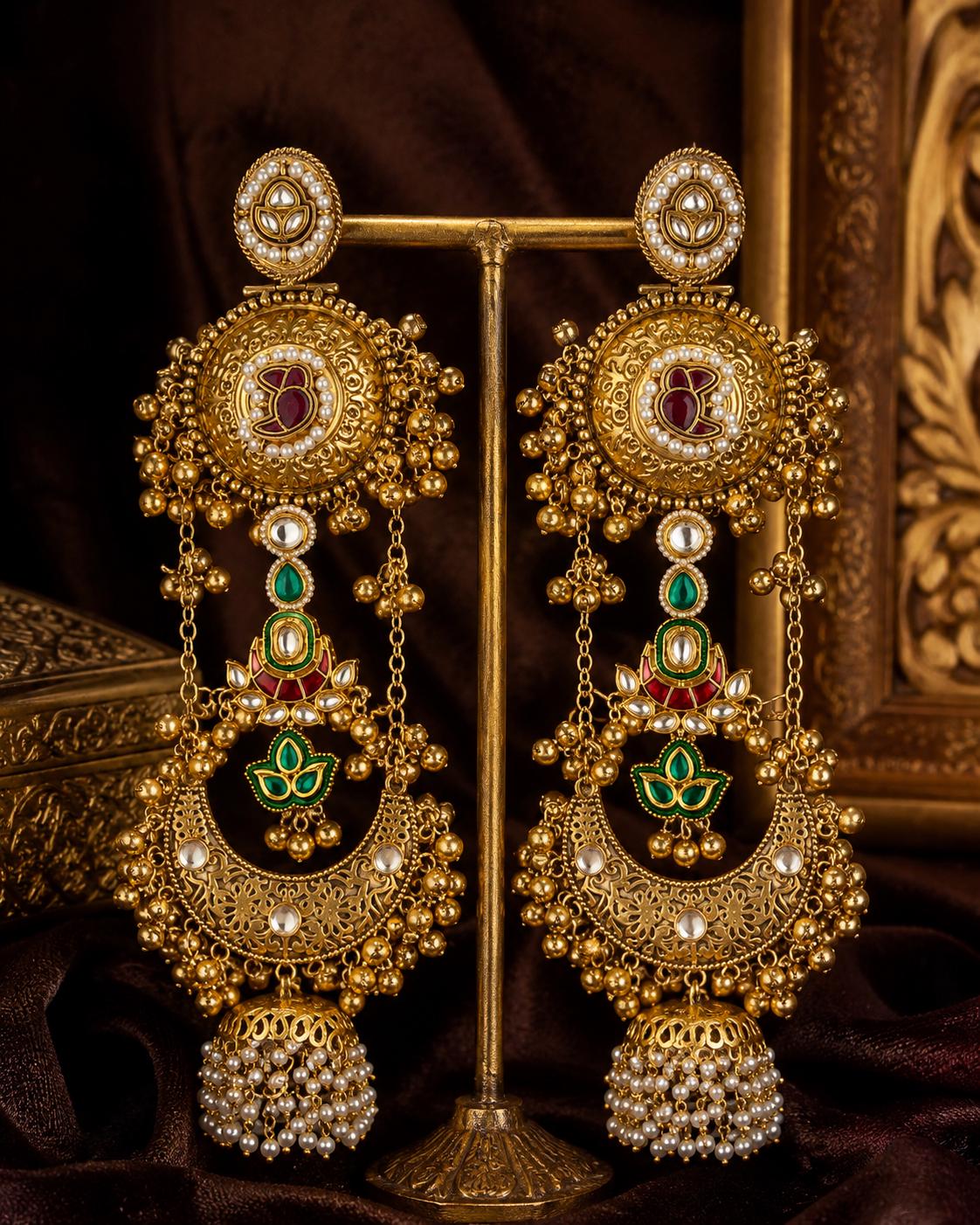 Antique Gold Chandbali Jhumka Earrings, Red Green Kundan Bridal Jewellery