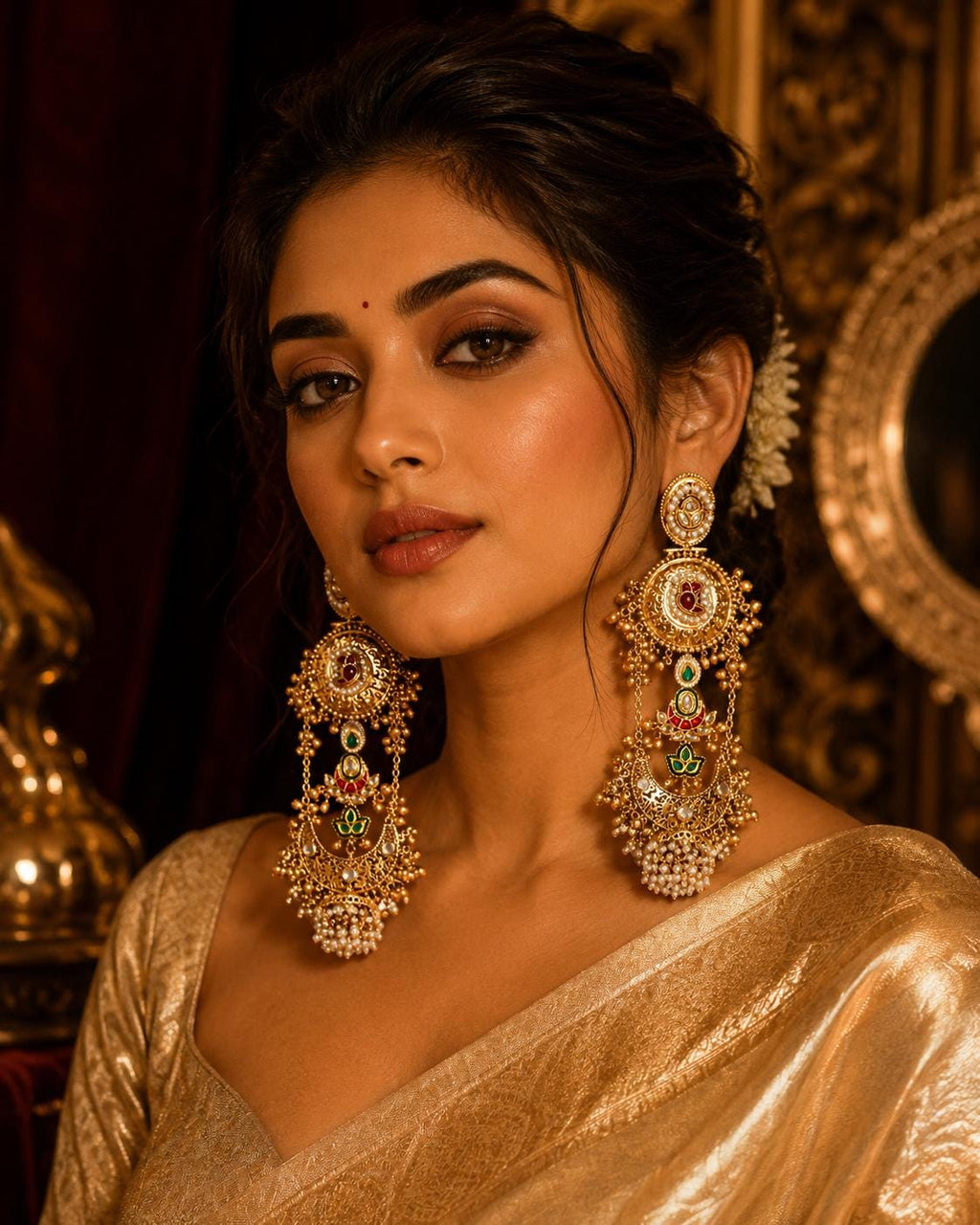 Antique Gold Chandbali Jhumka Earrings, Red Green Kundan Bridal Jewellery