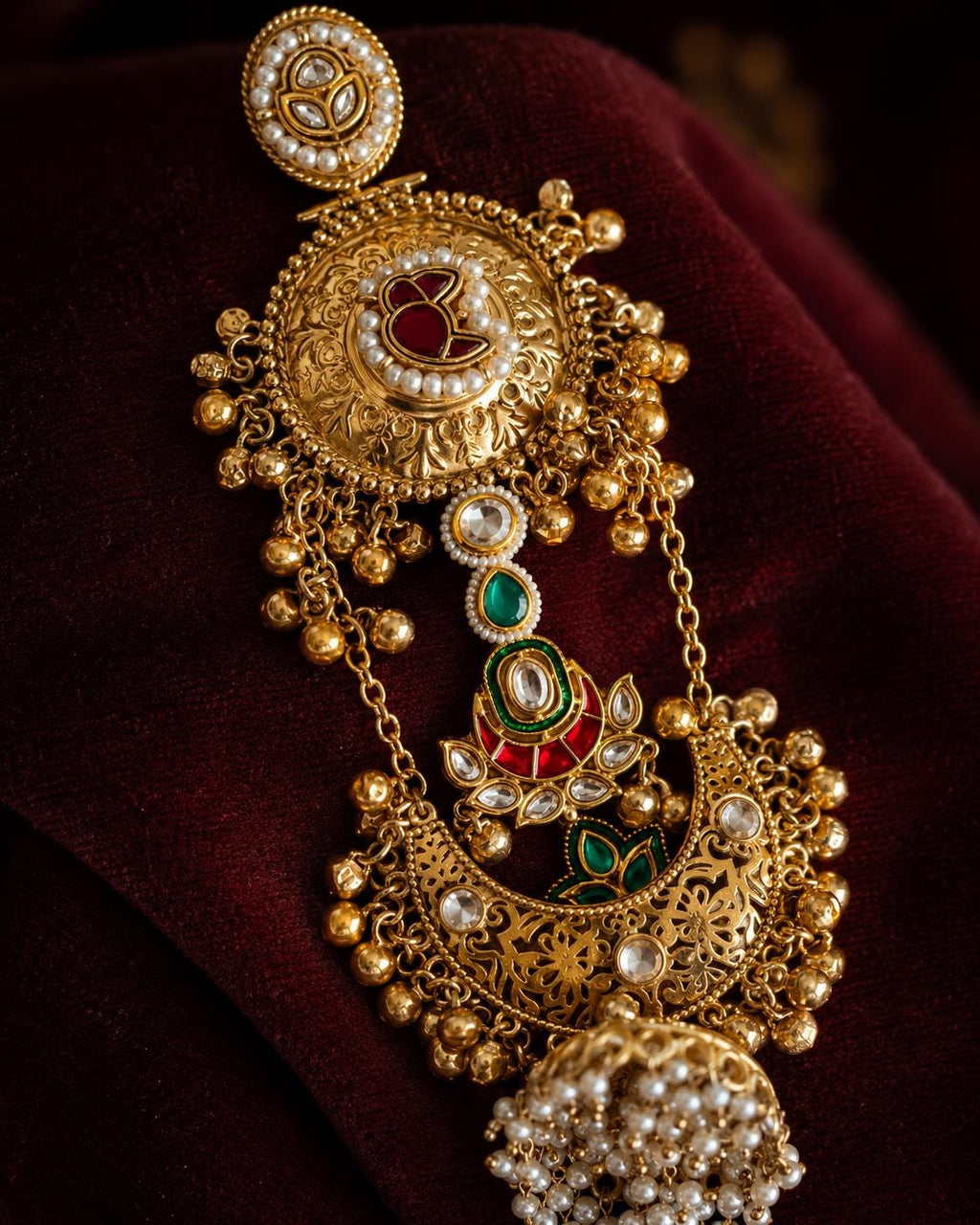 Antique Gold Chandbali Jhumka Earrings, Red Green Kundan Bridal Jewellery
