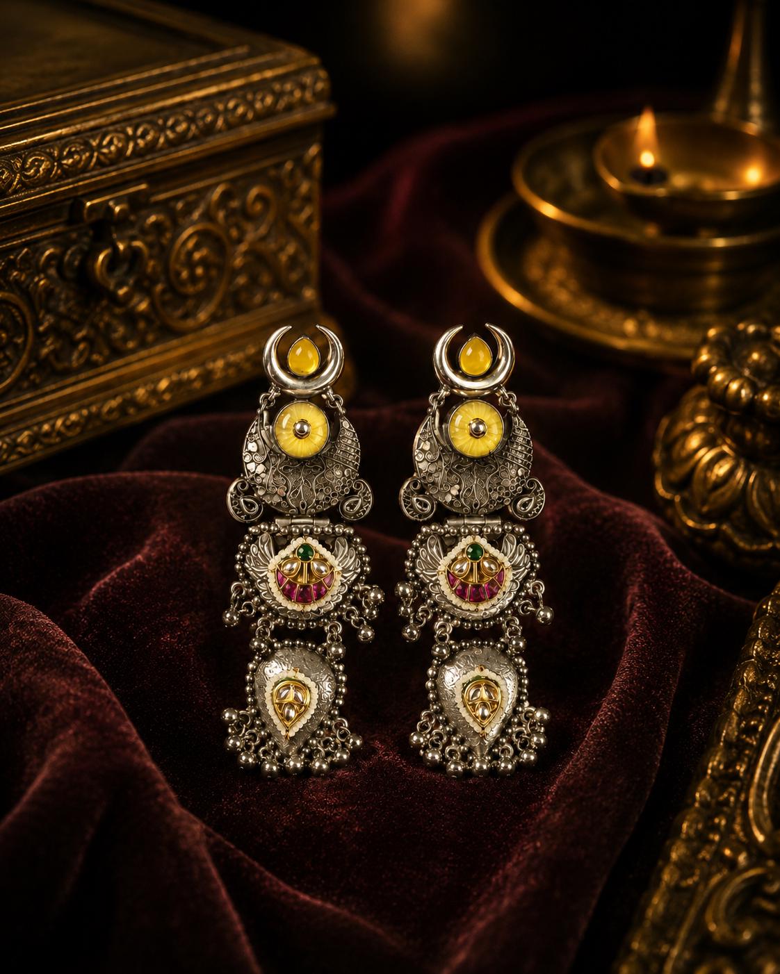 Oxidized Silver Statement Earrings, Yellow Pink Green Dangle, Indian Boho Tribal Jewelry