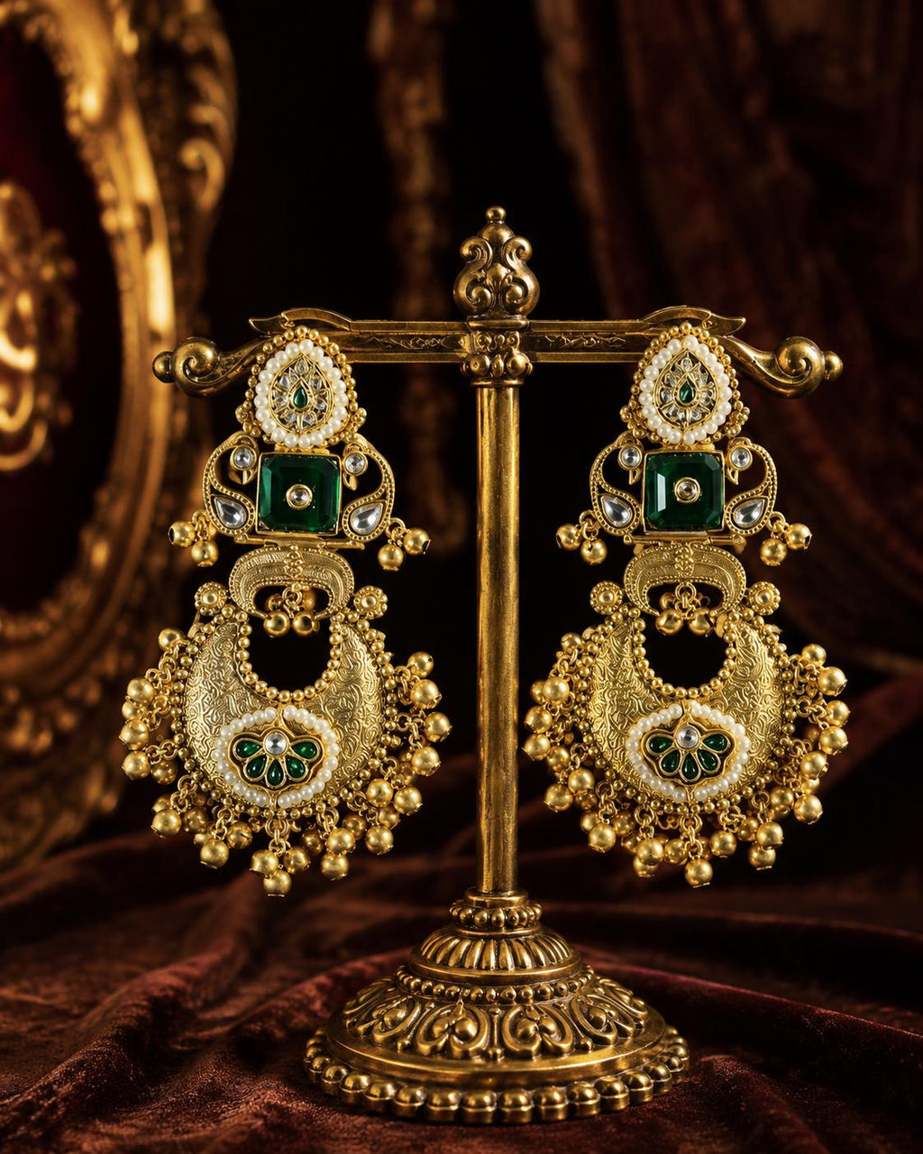 Green Kundan Chandbali Earrings, Gold Tone Indian Bridal Statement Jewellery