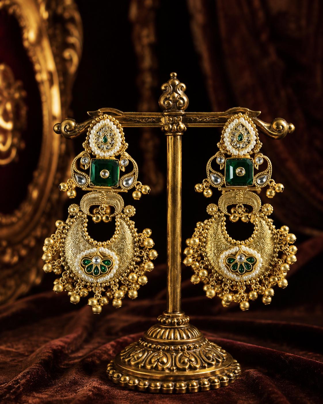 Green Kundan Chandbali Earrings, Gold Tone Indian Bridal Statement Jewellery