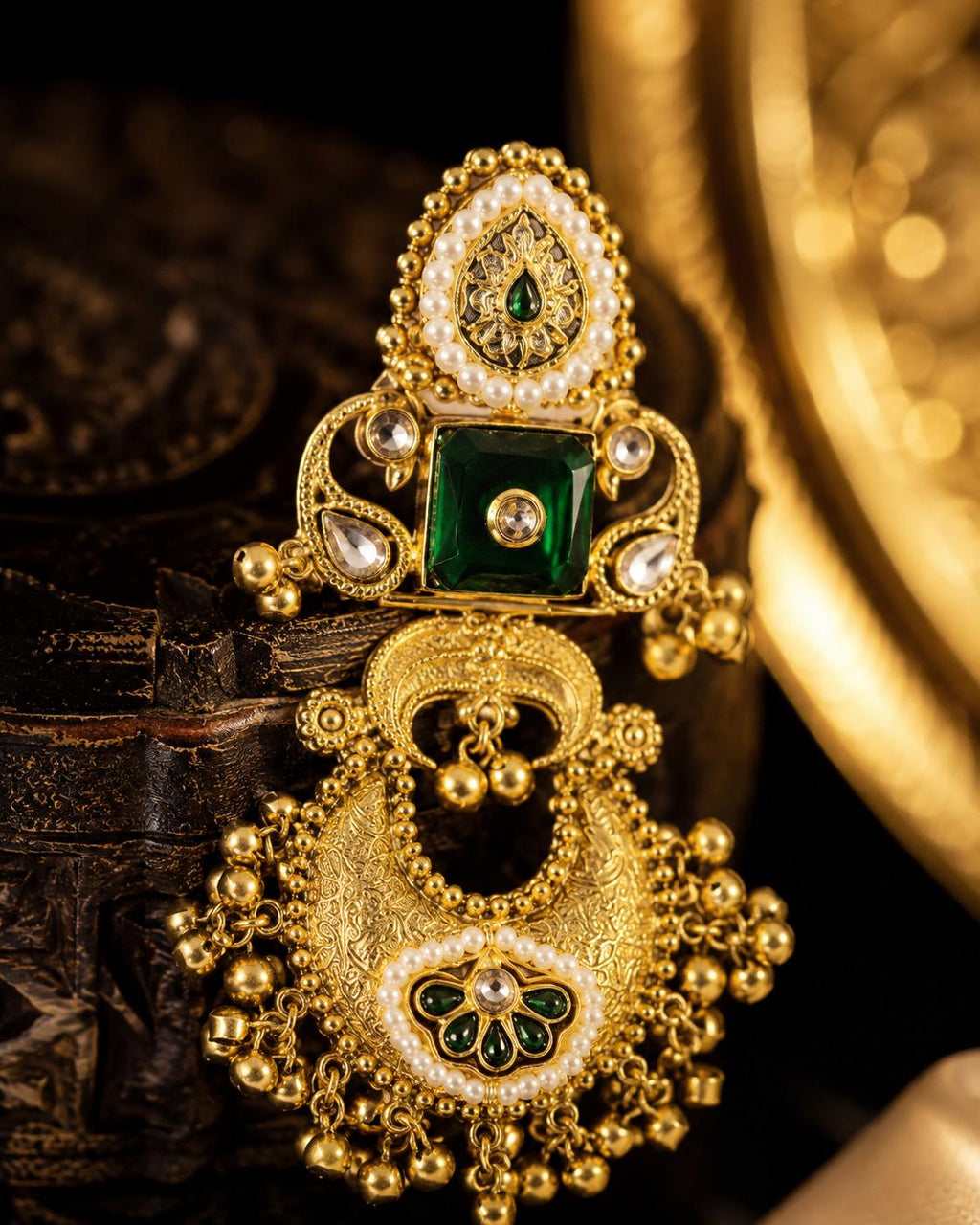 Green Kundan Chandbali Earrings, Gold Tone Indian Bridal Statement Jewellery