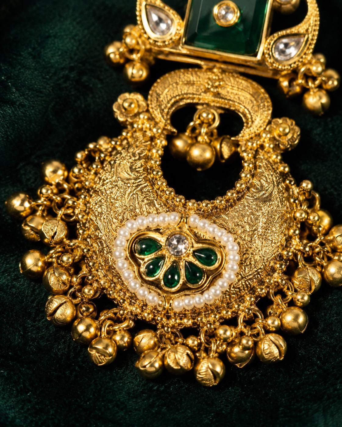 Green Kundan Chandbali Earrings, Gold Tone Indian Bridal Statement Jewellery
