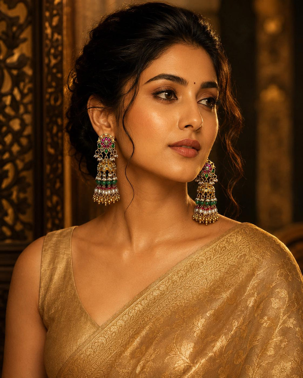 Gold Tone Jhumka Earrings, Pink Green Kundan Style, Pearl Beaded Indian Wedding Jewellery
