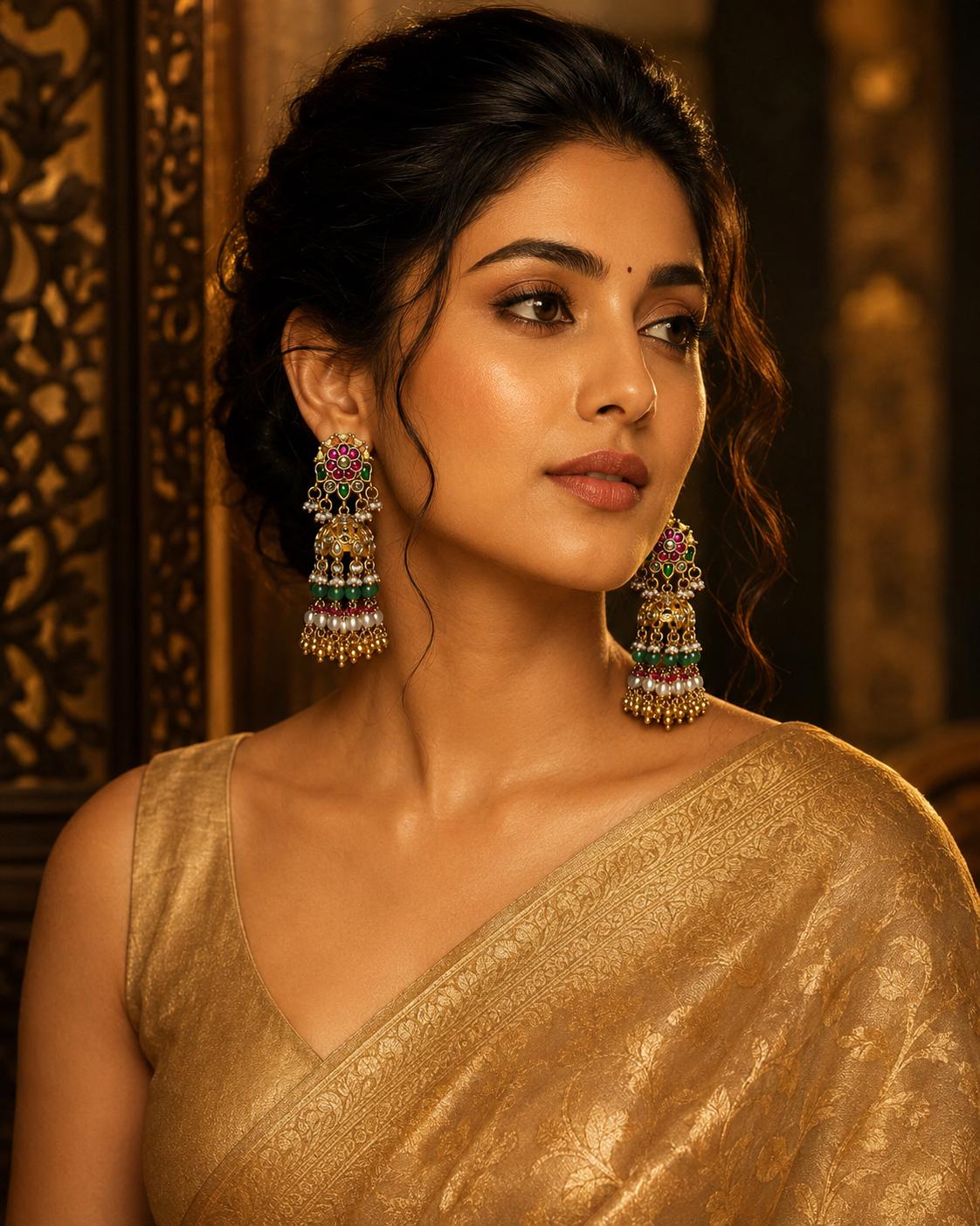 Gold Tone Jhumka Earrings, Pink Green Kundan Style, Pearl Beaded Indian Wedding Jewellery