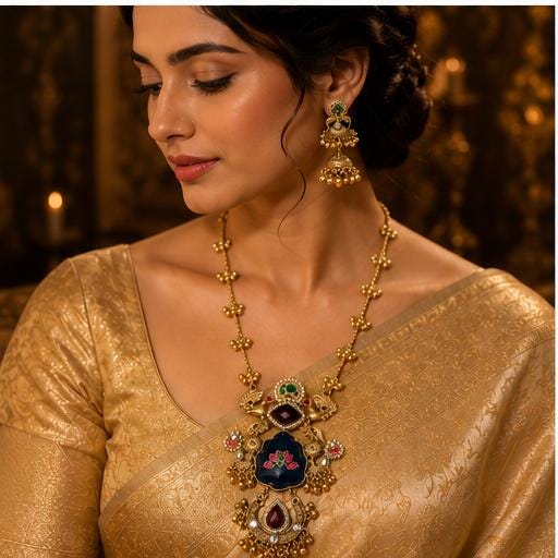 Traditional Indian Gold Tone Necklace Set with Jhumka Earrings | Kundan Meenakari Floral Pendant