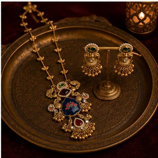Traditional Indian Gold Tone Necklace Set with Jhumka Earrings | Kundan Meenakari Floral Pendant