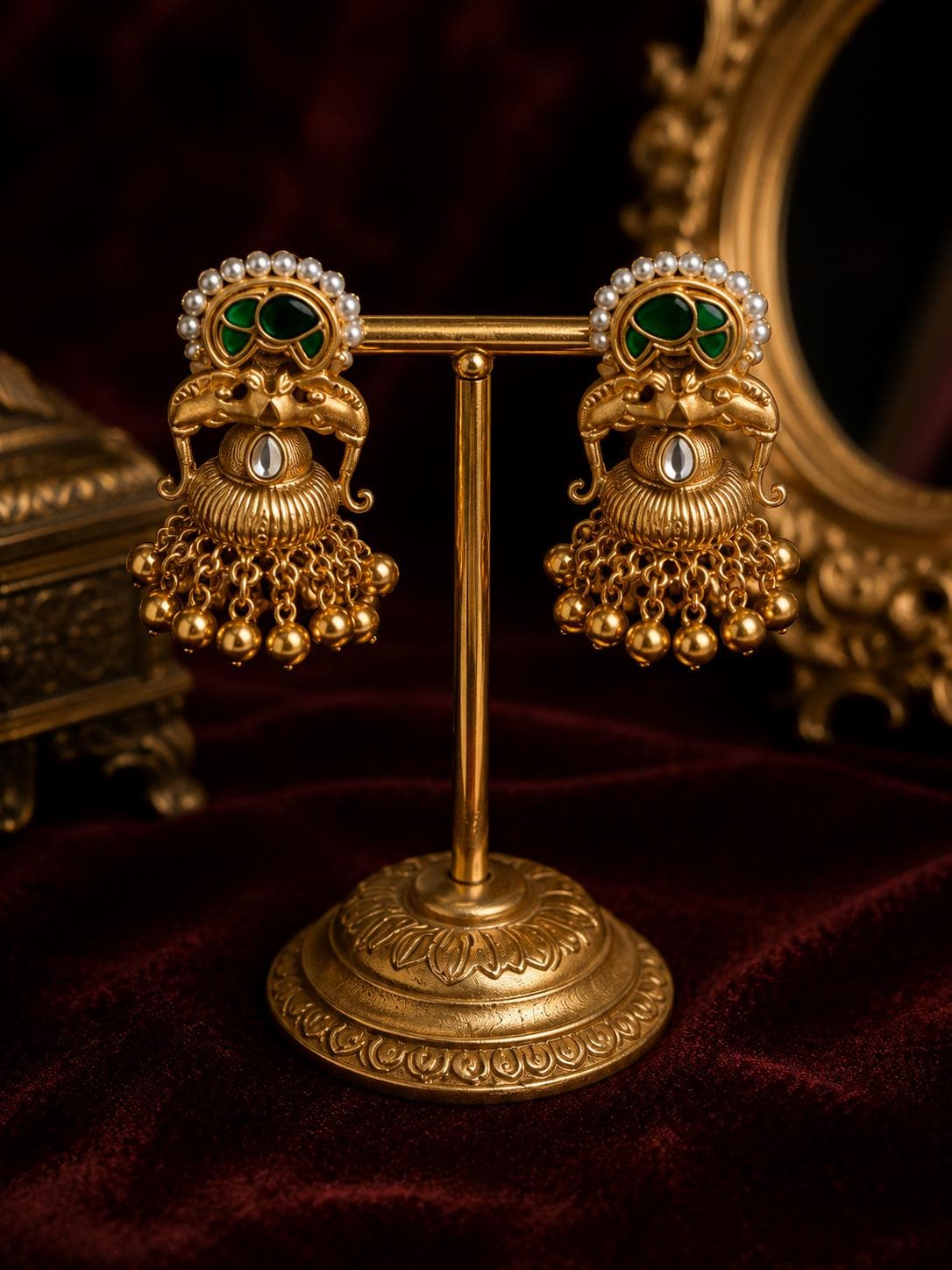 Traditional Indian Gold Tone Necklace Set with Jhumka Earrings | Kundan Meenakari Floral Pendant