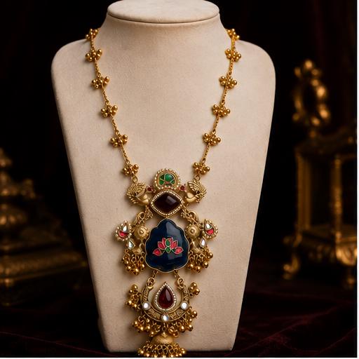 Traditional Indian Gold Tone Necklace Set with Jhumka Earrings | Kundan Meenakari Floral Pendant
