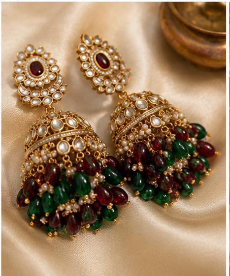 Indian Kundan Choker Necklace Set | Green Ruby Bridal Jewelry, Pearl Jhumka Earrings, Maang Tikka