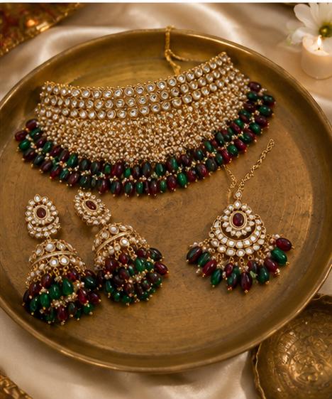 Indian Kundan Choker Necklace Set | Green Ruby Bridal Jewelry, Pearl Jhumka Earrings, Maang Tikka