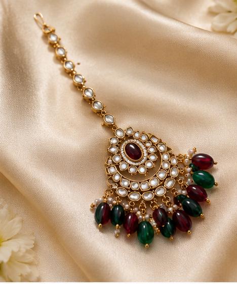 Indian Kundan Choker Necklace Set | Green Ruby Bridal Jewelry, Pearl Jhumka Earrings, Maang Tikka