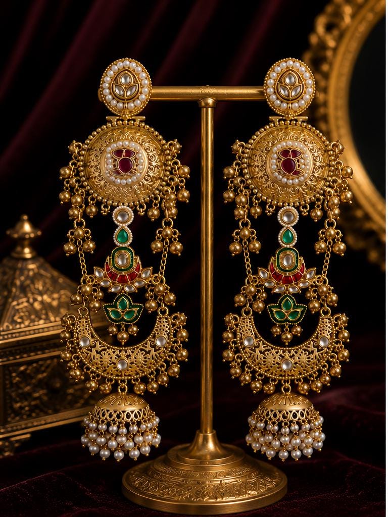 Indian Gold Chandbali Jhumka Earrings | Kundan Meenakari Pearl Bridal Jewelry
