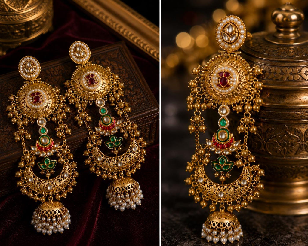 Indian Gold Chandbali Jhumka Earrings | Kundan Meenakari Pearl Bridal Jewelry