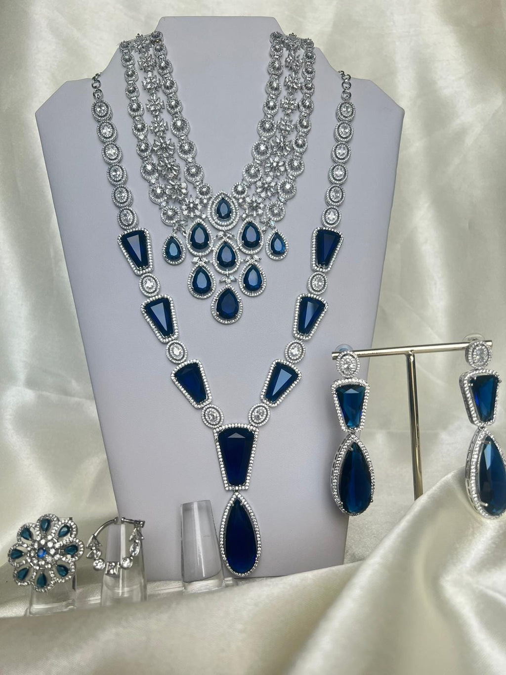 Sapphire Blue Crystal Bridal Jewelry Set | Silver Statement Necklace, Drop Earrings