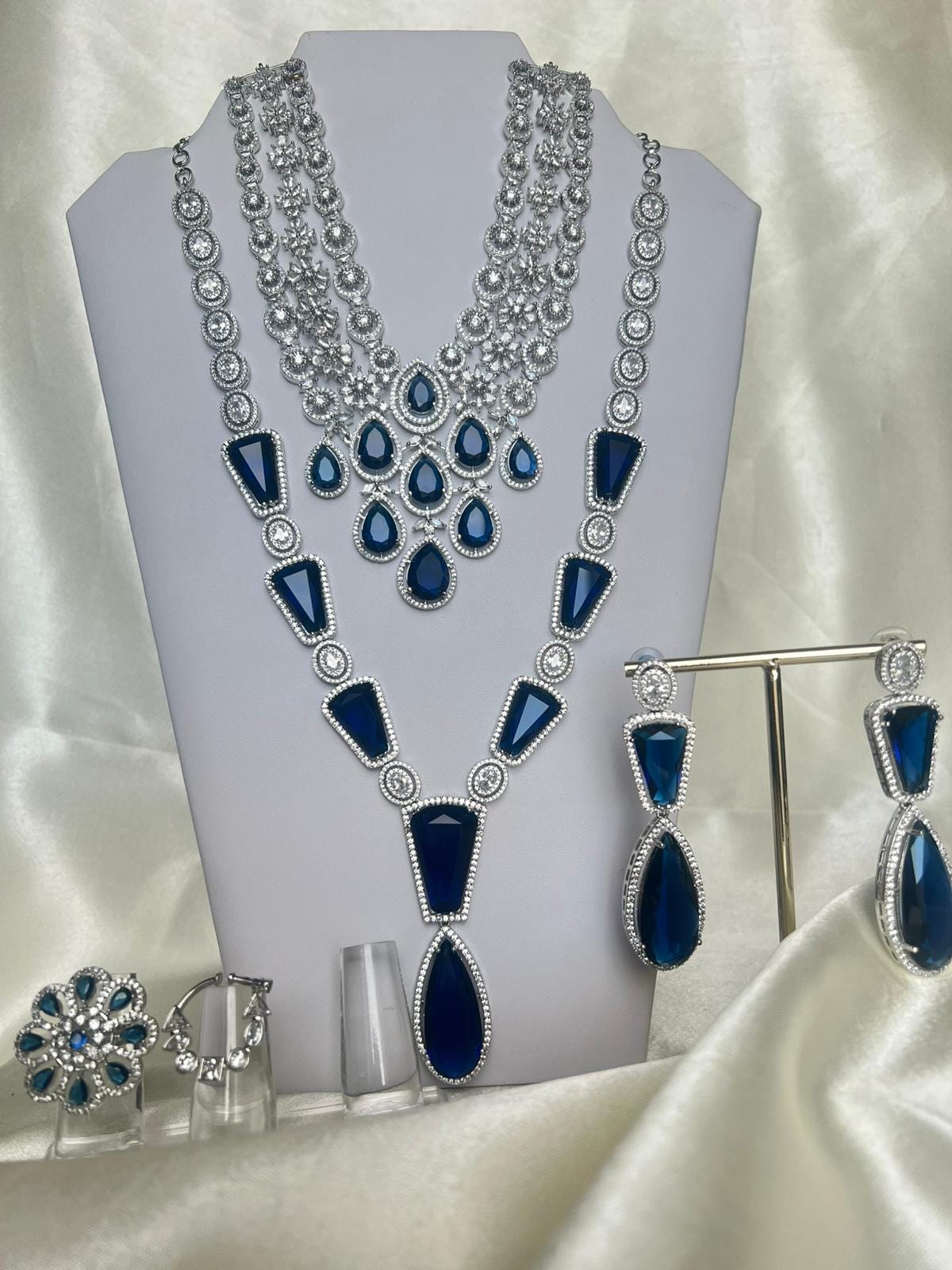 Sapphire Blue Crystal Bridal Jewelry Set | Silver Statement Necklace, Drop Earrings