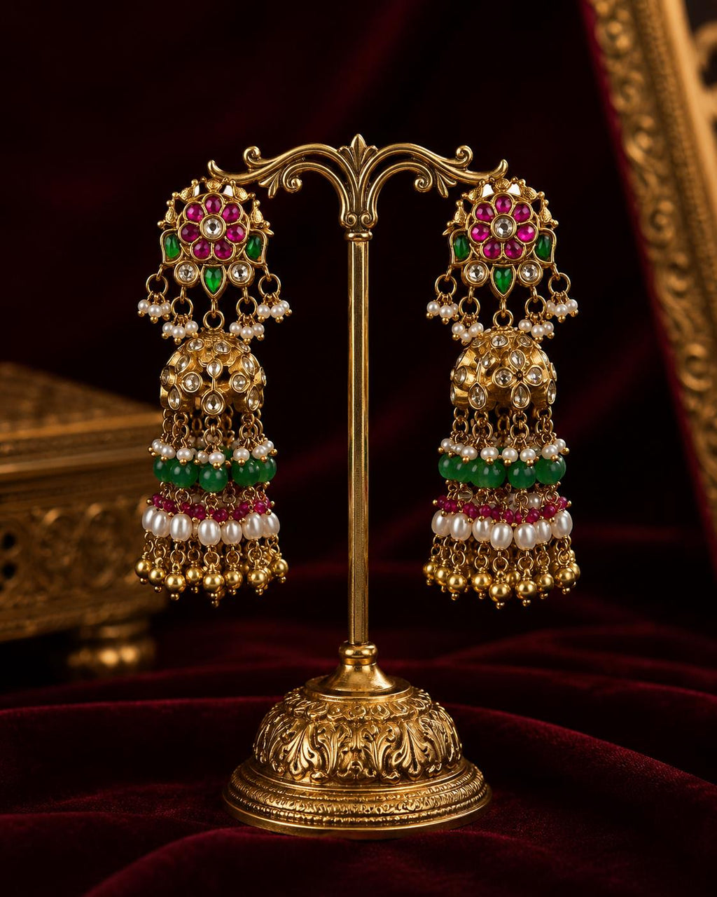Gold Tone Jhumka Earrings, Pink Green Kundan Style, Pearl Beaded Indian Wedding Jewellery