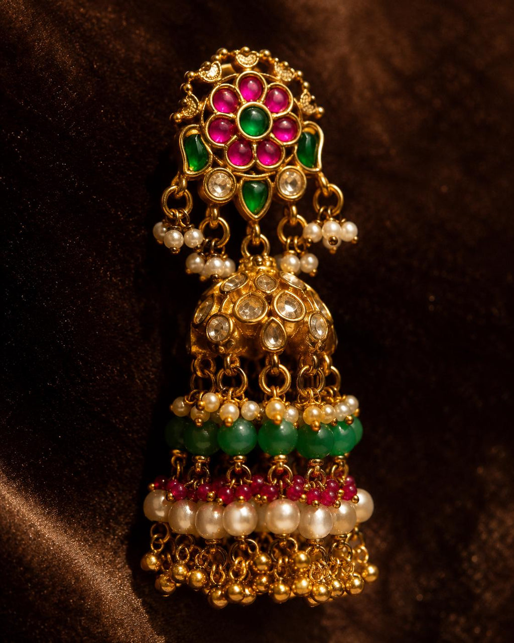 Gold Tone Jhumka Earrings, Pink Green Kundan Style, Pearl Beaded Indian Wedding Jewellery