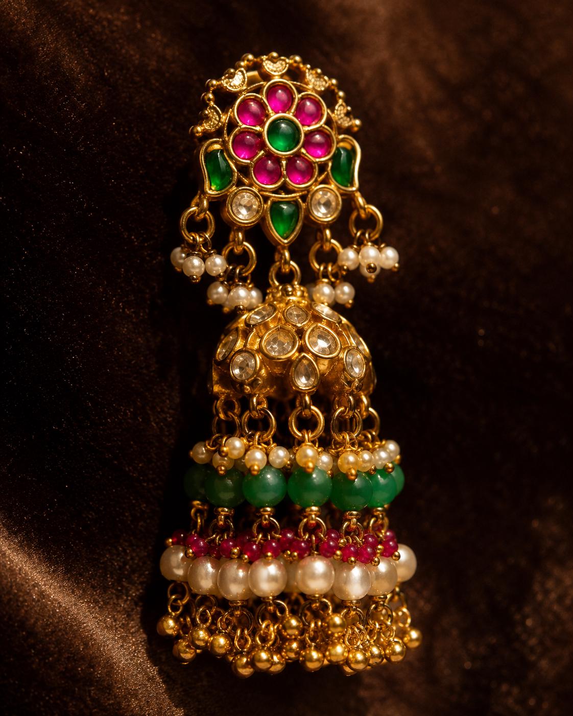 Gold Tone Jhumka Earrings, Pink Green Kundan Style, Pearl Beaded Indian Wedding Jewellery