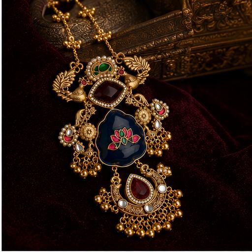Traditional Indian Gold Tone Necklace Set with Jhumka Earrings | Kundan Meenakari Floral Pendant