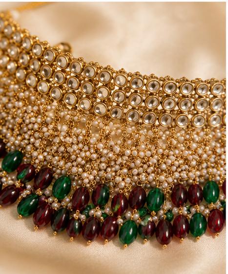 Indian Kundan Choker Necklace Set | Green Ruby Bridal Jewelry, Pearl Jhumka Earrings, Maang Tikka