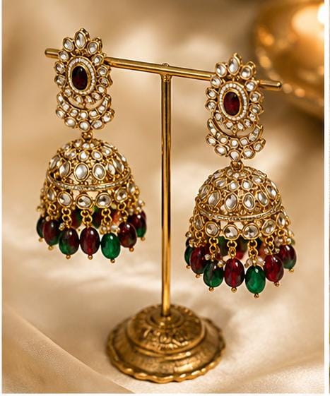 Indian Kundan Choker Necklace Set | Green Ruby Bridal Jewelry, Pearl Jhumka Earrings, Maang Tikka