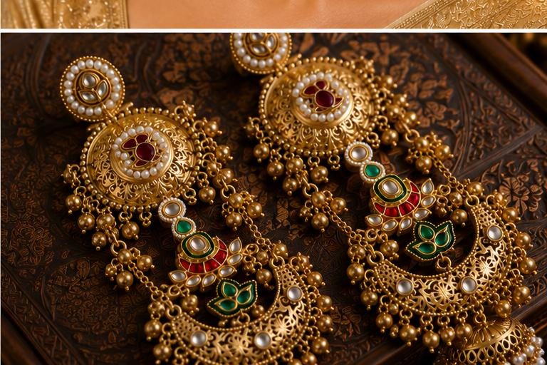 Indian Gold Chandbali Jhumka Earrings | Kundan Meenakari Pearl Bridal Jewelry