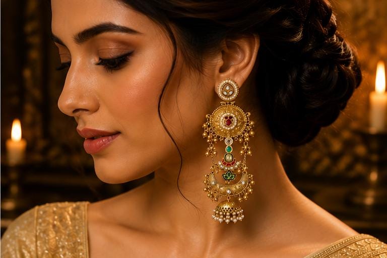 Indian Gold Chandbali Jhumka Earrings | Kundan Meenakari Pearl Bridal Jewelry