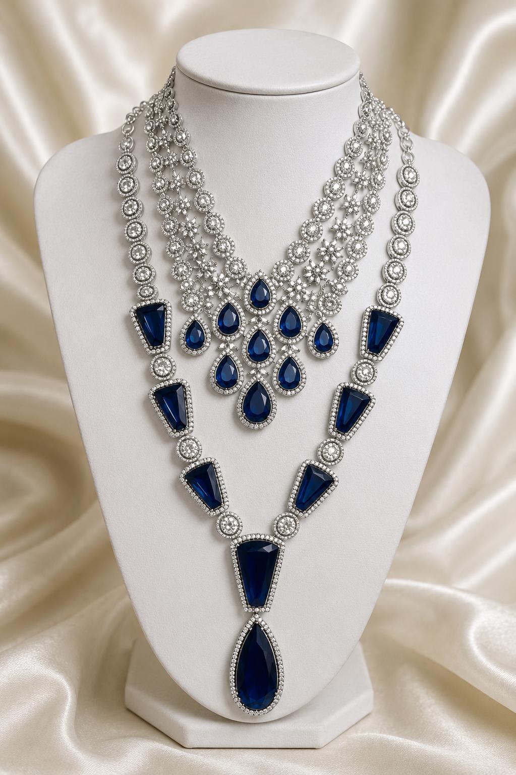 Sapphire Blue Crystal Bridal Jewelry Set | Silver Statement Necklace, Drop Earrings